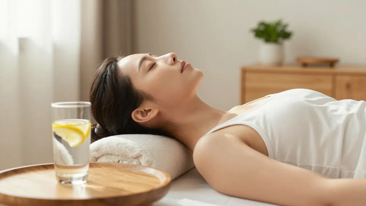 Klidný člověk odpočívající v brightním prostoru s pohárkem vody po masáži.