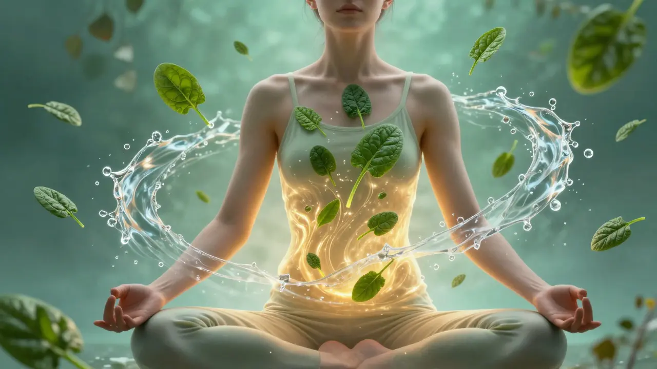 Meditující osoba s goldeným svěчением v oblasti břicha symbolizujícím hluboké dýchání.