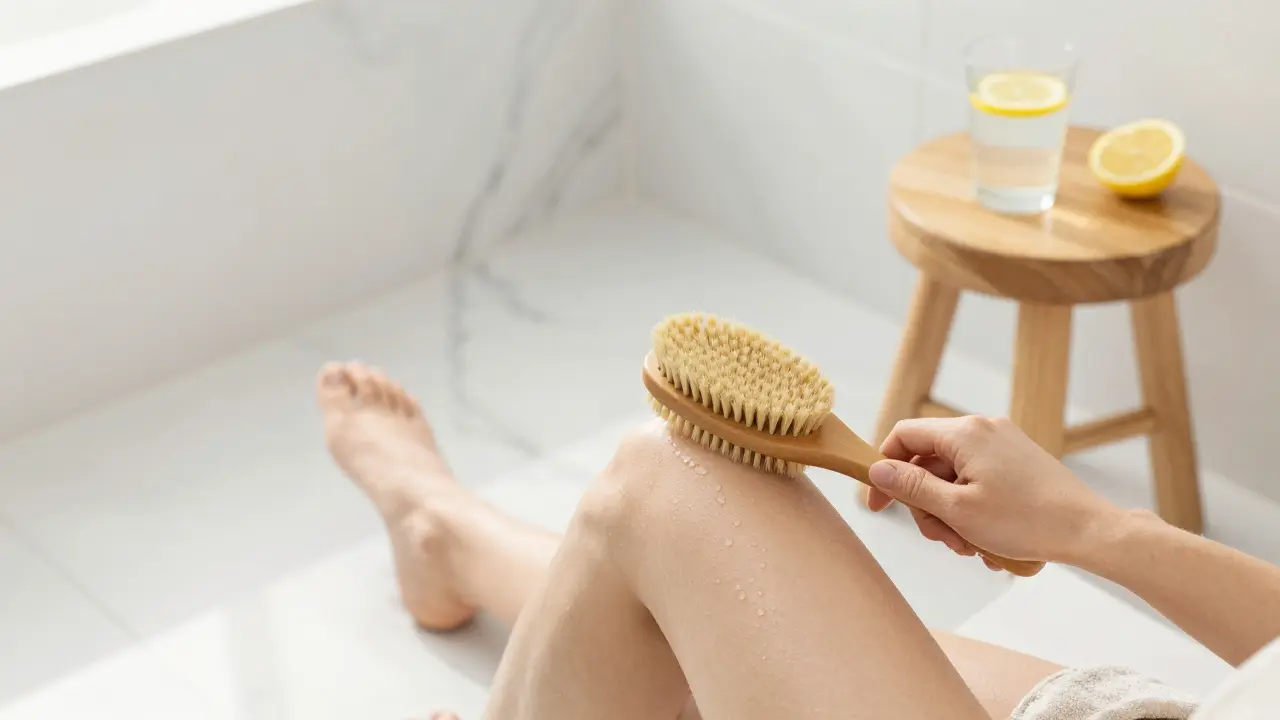 Osoba používající kartáč na suché masáže nohy v brightvém koupelně.