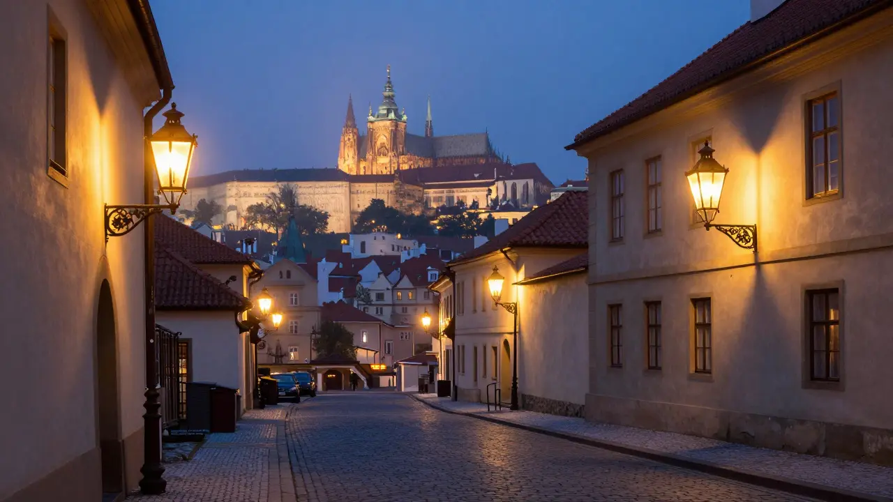 Prázdná noční ulička na Malé Straně s pohledem na osvětlený Pražský hrad v dálce.