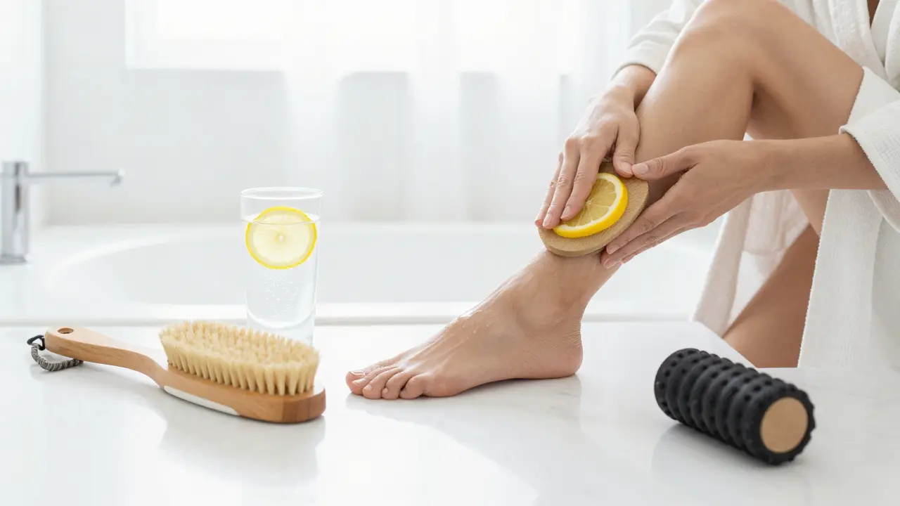 Sada pro domácí péči o tělo zahrnující kartáč na suché kartačování a roller.