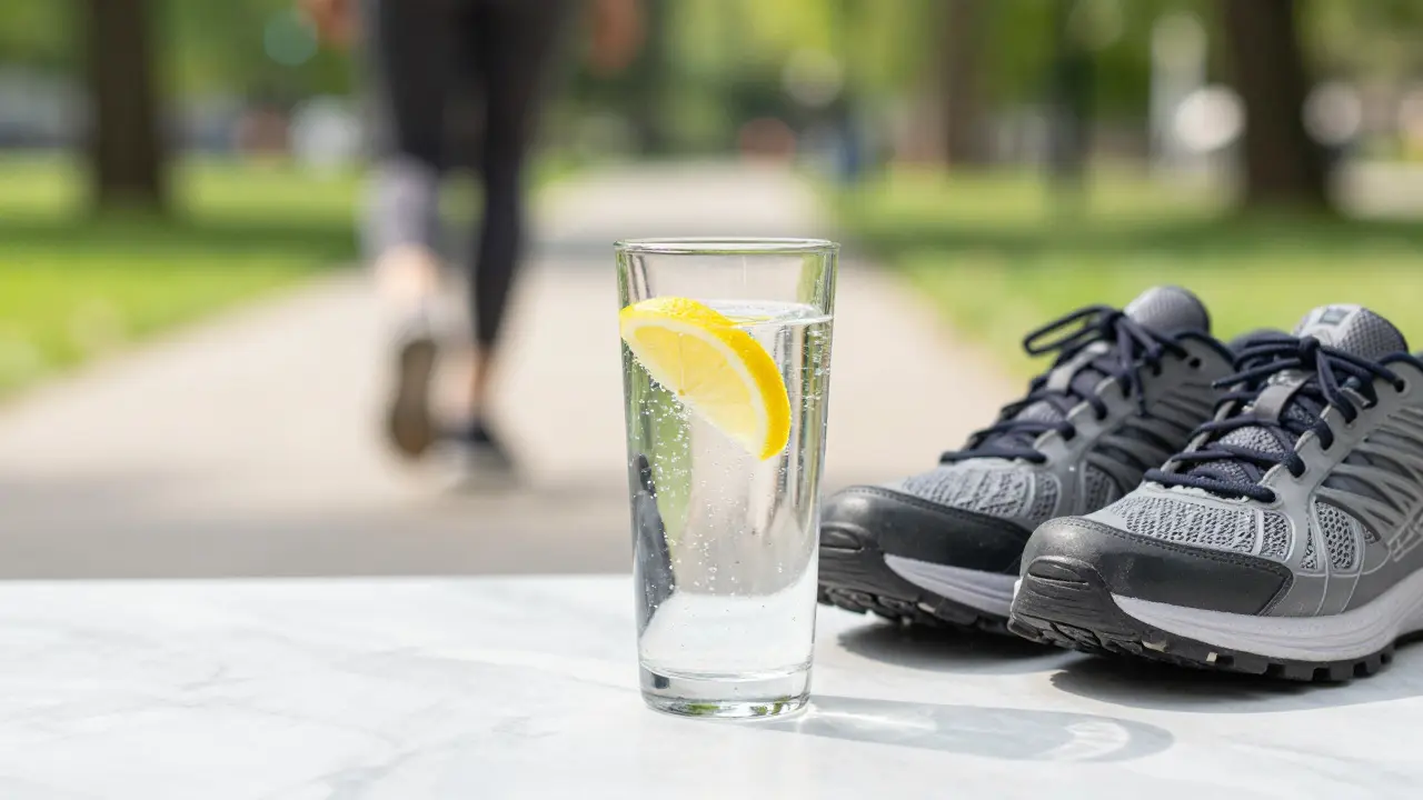 Sklenice vody a sportovní obuv jako symbol zdravého režimu po masáži.