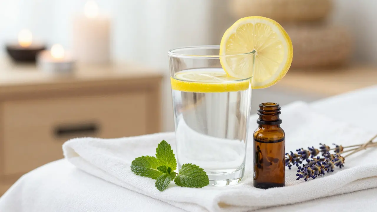Sklenice vody s citronem a lahvička levandulového oleje v uklidňujícím spa prostředí.