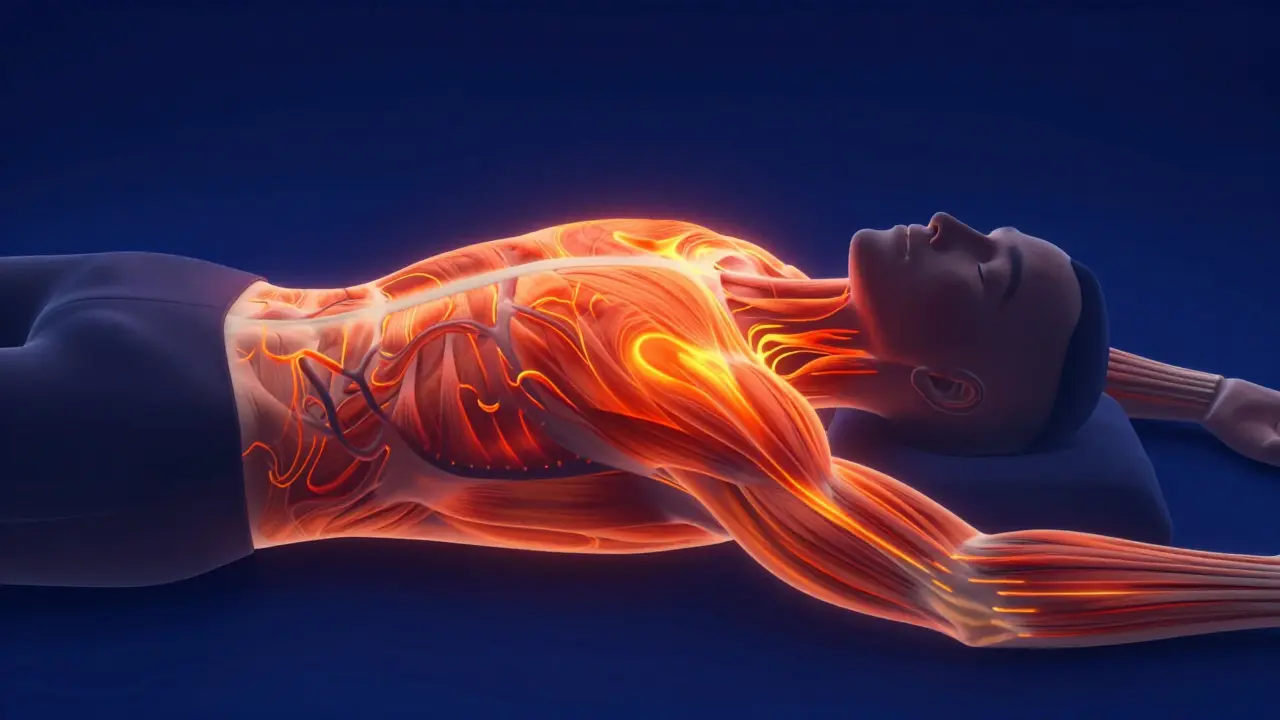 Stylizovaná postava s hřejivým oranžovým světem v svalech zad symbolizující relaxaci.