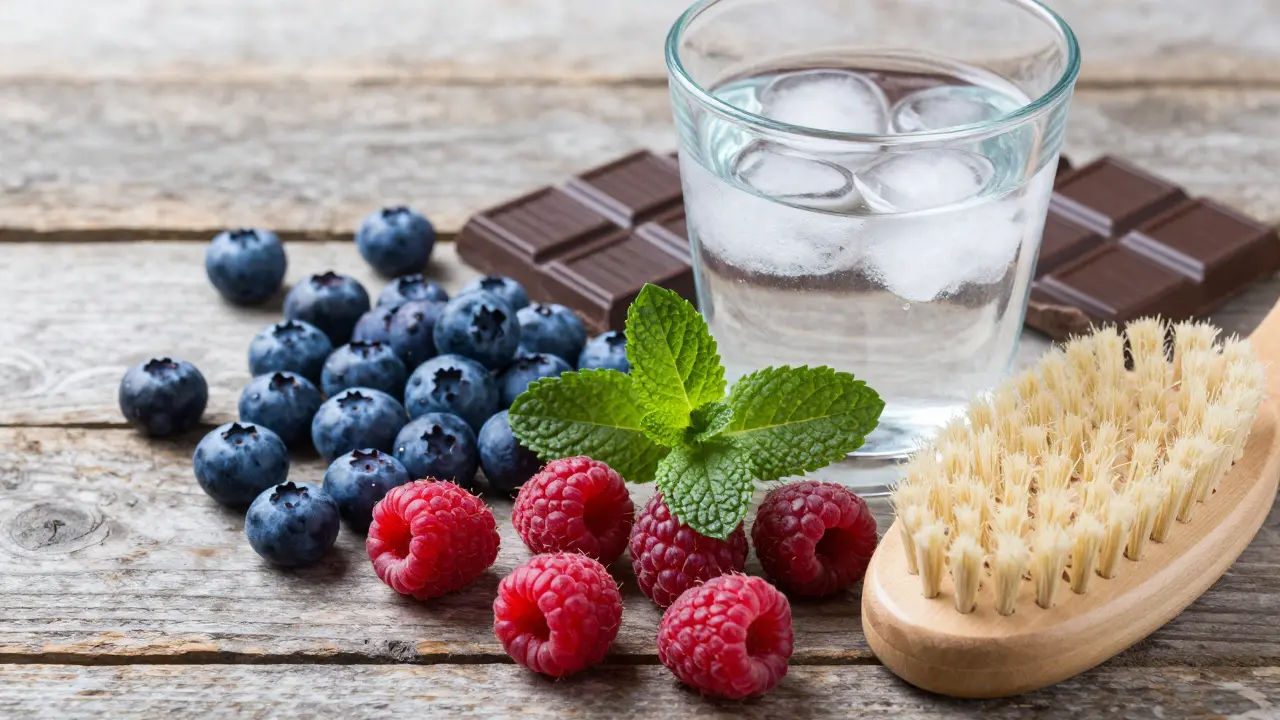 Antioxidantní potraviny, voda a kartáč na suché kartáčování