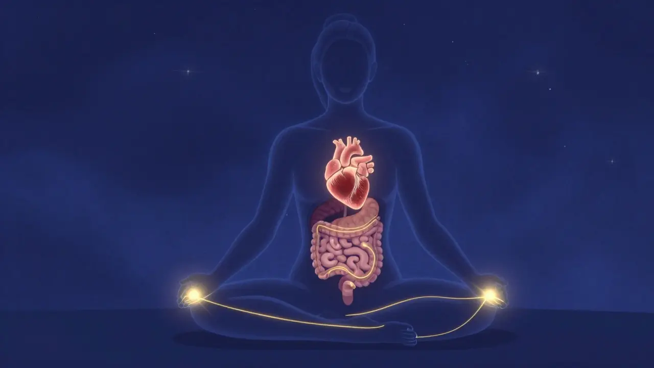 Umělecká ilustrace energetických linií spojujících chodidla s orgány těla