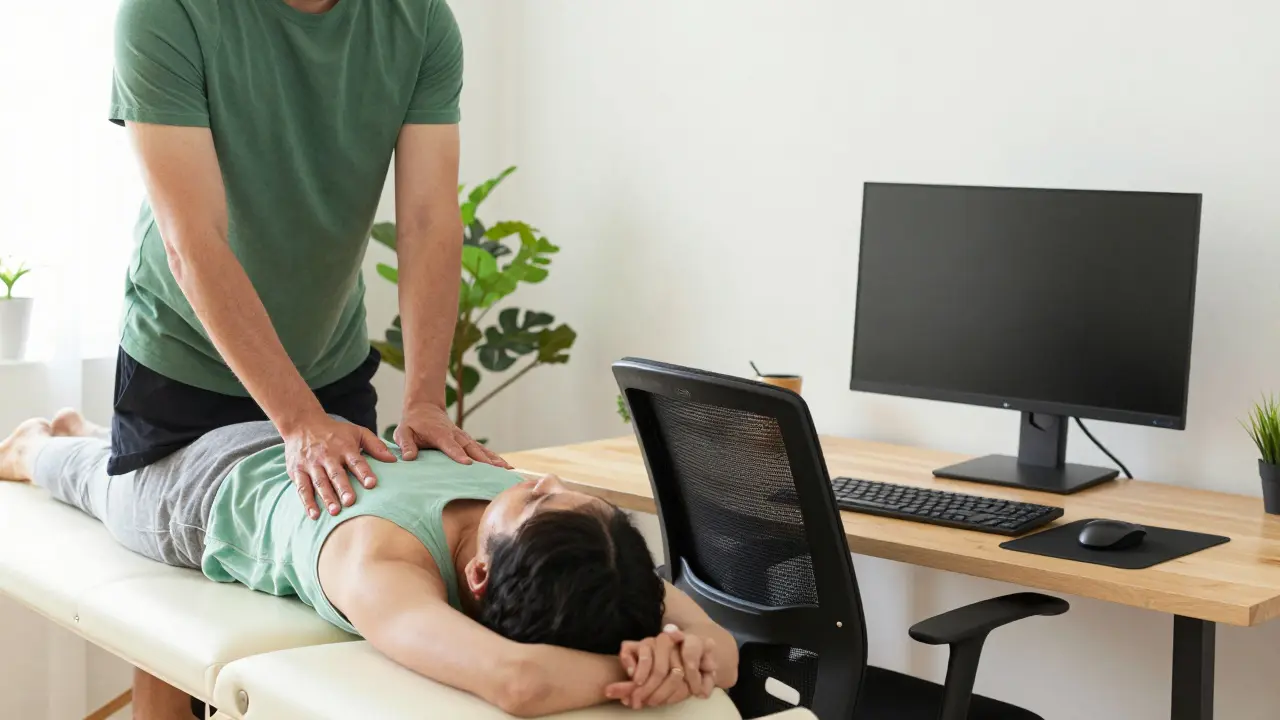 Kombinace protahování a ergonomického pracoviště pro zdraví zad