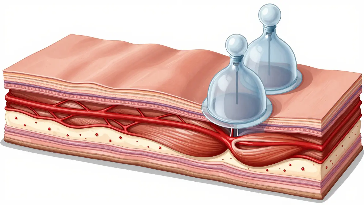 Anatomická ilustrace účinku vakuového tlaku na svaly a fascie