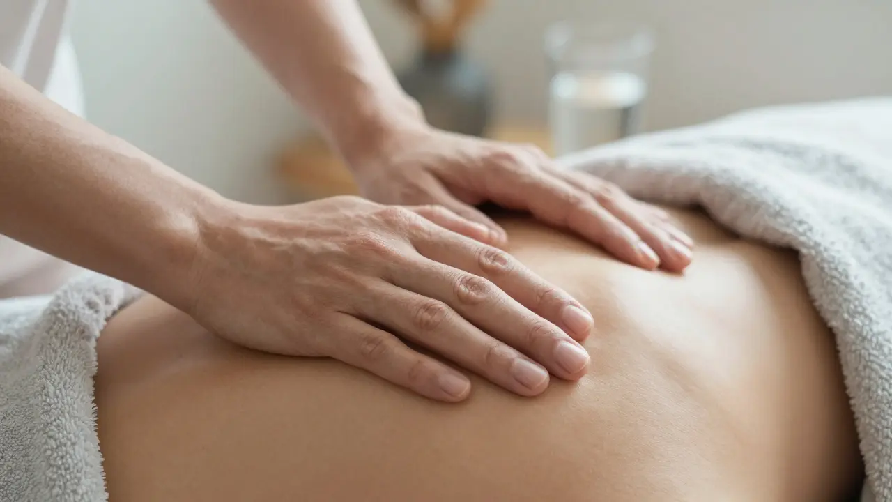 Detail rukou terapeuta při jemné energetické masáži klienta