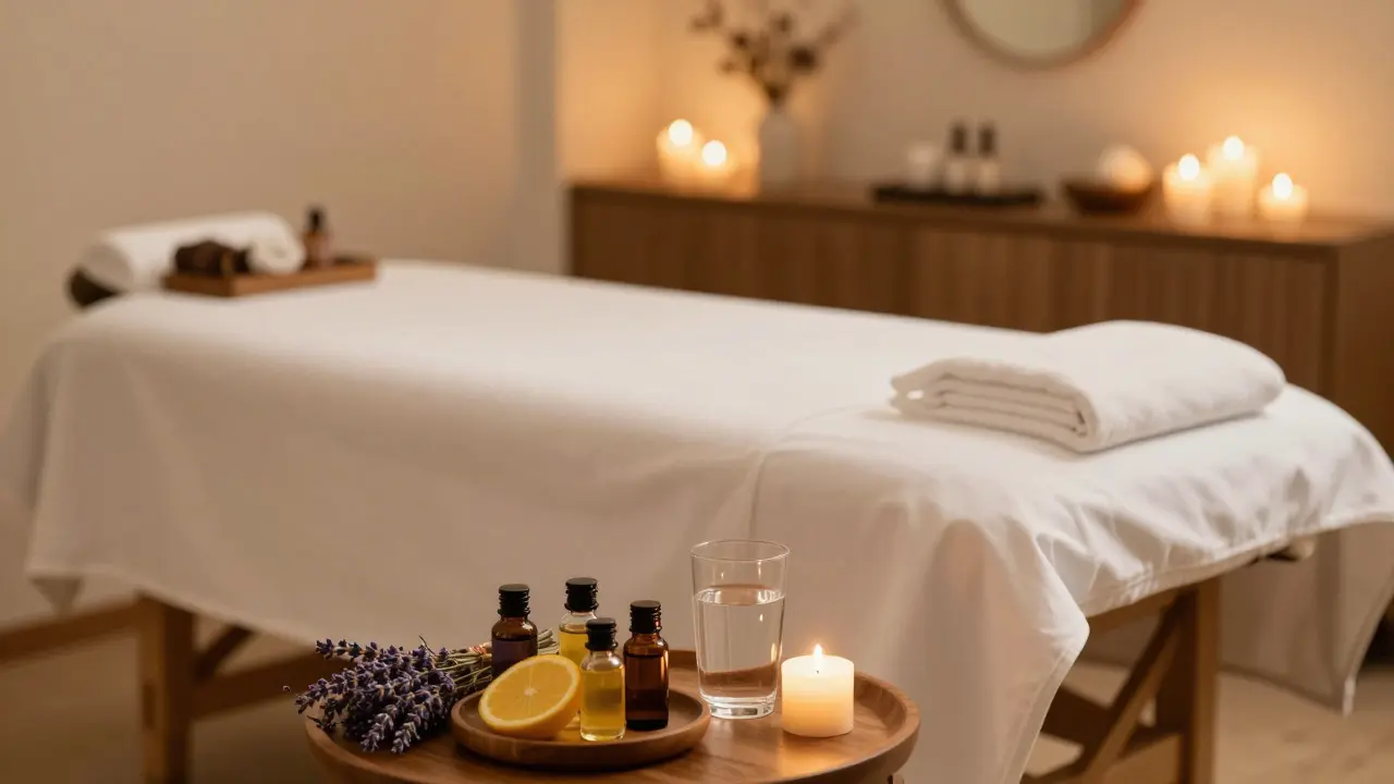 Tichý masážní salon s oleji a měkkým osvětlením