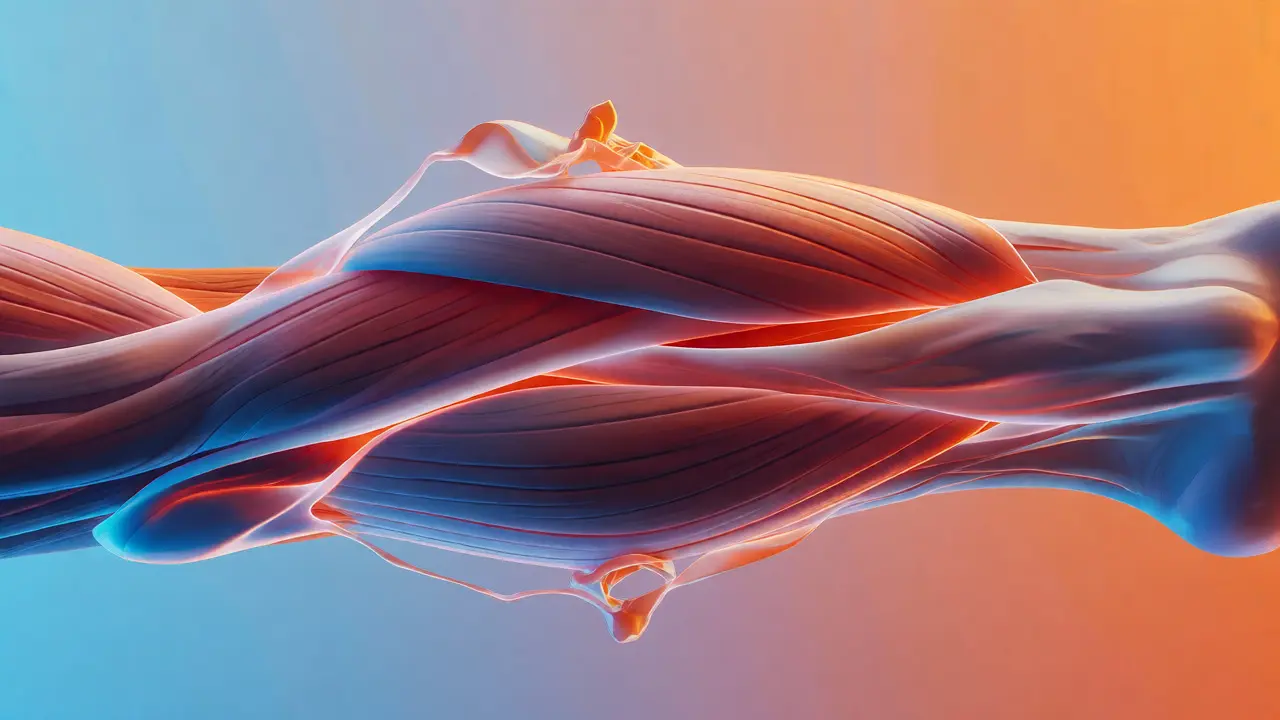 Anatomická ilustrace svalových vláken a fascií s uzly napětí