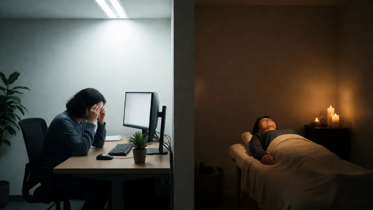 Porovnání stresu v kanceláři a hluboké relaxace po masáži
