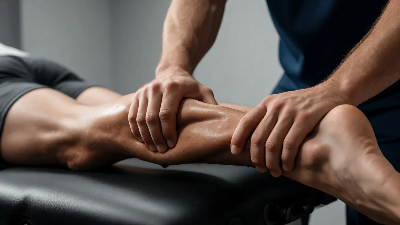 Masáž lýtka a kotníku v fyzioterapeutické ordinaci