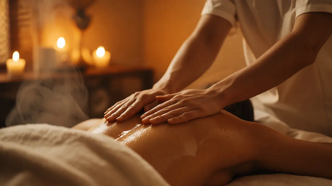 Terapeut provádějící jemnou relaxační masáž zad ve světle svíček